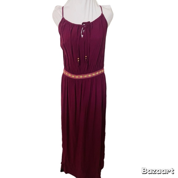 SZ XL Maxi Boho Long Burgundy Red Spaghetti Strap Tie Front dress by faded glory - Picture 1 of 3